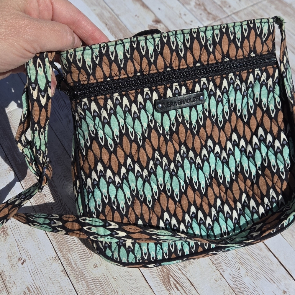 Vera Bradley Small Crossbody Bag Teal Brown Feather Print Adjustable Strap EUC - Picture 4 of 13
